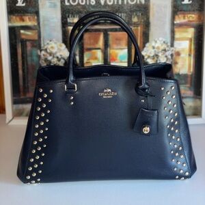 Coach Margot Carryall 27 Navy Blue Pebbled Leather Rivet Studded Tote